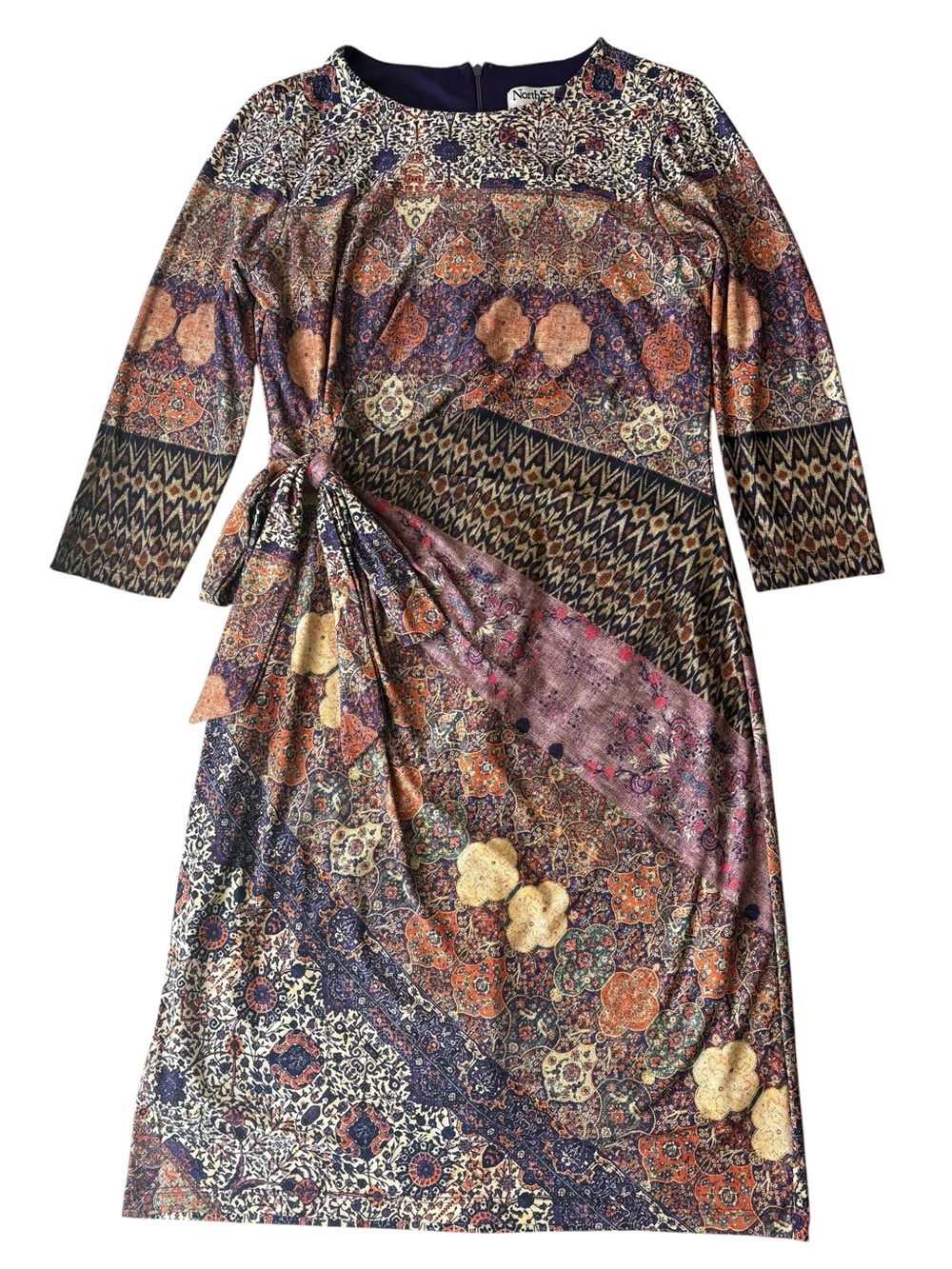 NorthStyle Women's Dress S6 Multicolor Paisley Boho Side Tie Knot Midi3/4 Slevee